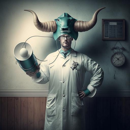 create a man holding ox horn suction cups in a surgeon's outfit.