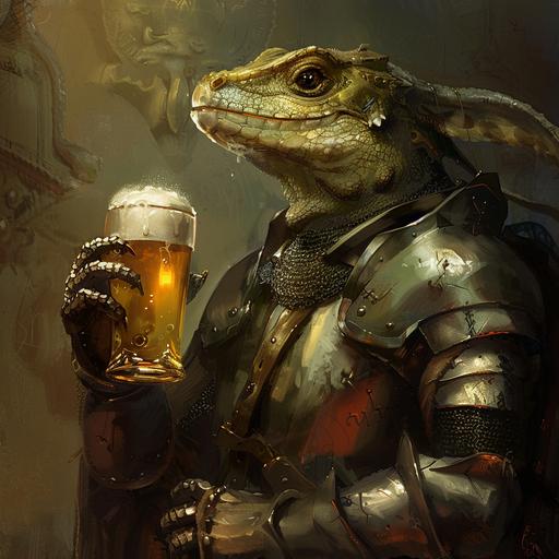 create a medieval knight as lizard with a beer in hand