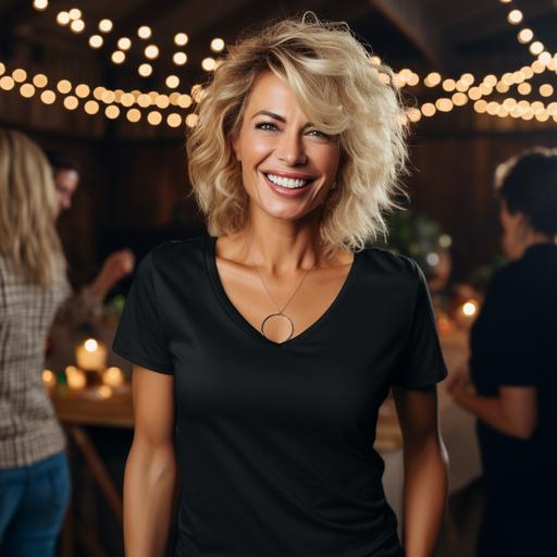 create a mockup of a mature woman wearing a plain black vneck tshirt at a new years eve party