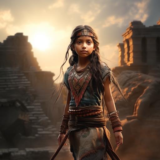 create a movie poster in the style of the movie “Harry Potter”, make it about a 10 year old Hispanic girl wearing regular clothes and a Aztec Indian headdress. She is walking through ancient Aztec Indian temple that is war torn. Ultra realistic, 8k, horizontal. The poster should feel like war but our heroine is confident.
