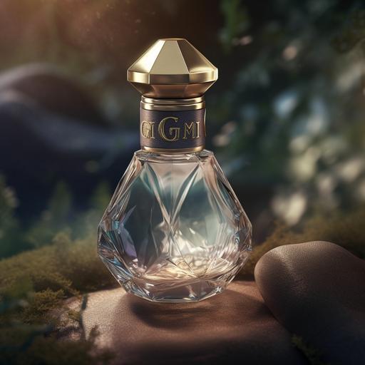 create a perfume with GEM written on it, G-E-M, typography, it is a perfume for the mysterious woman who is also playful and fun, detailed, realistic, the perfume bottle is shaped like an hourglass, it is located on a rock near a cottage, closeup image, 16k, morning sunlight, perfume advertising, product advertising, three letters on the bottle G-E-M, pink and black perfume bottle --s 250 --v 5
