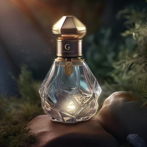 create a perfume with GEM written on it, G-E-M, typography, it is a perfume for the mysterious woman who is also playful and fun, detailed, realistic, the perfume bottle is shaped like an hourglass, it is located on a rock near a cottage, closeup image, 16k, morning sunlight, perfume advertising, product advertising, three letters on the bottle G-E-M, pink and black perfume bottle --s 250 --v 5