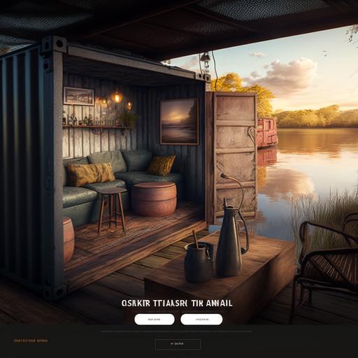 create a photo for a landing page of a cosy bar in containers close to a river