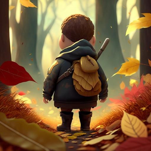 create a photo of a teenager walking alone in a forest looking like autumn the child is on his back he is very chubby with a plastic sword short hair in 3d 4k cartoon