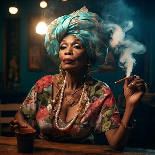 create a photo of an older Afro Cuban woman smoking smoking a cigar with a headwrap and traditional afro-cuban clothing