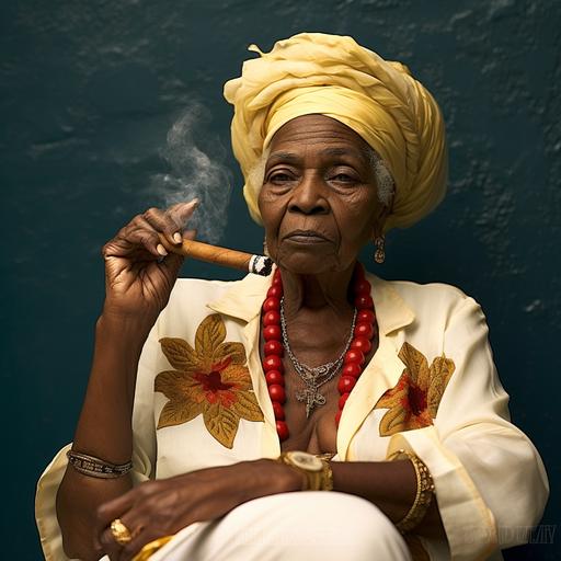 create a photo of an older Afro Cuban woman smoking smoking a cigar with a headwrap and traditional afro-cuban clothing