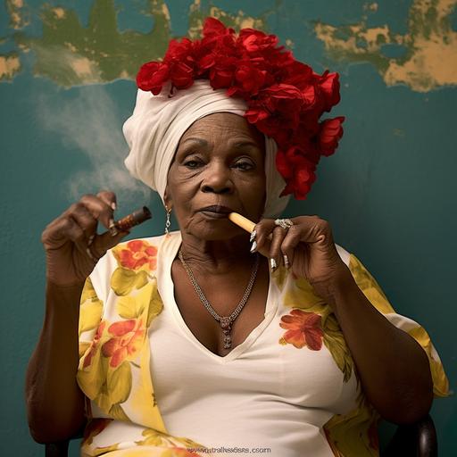 create a photo of an older Afro Cuban woman smoking smoking a cigar with a headwrap and traditional afro-cuban clothing