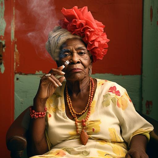 create a photo of an older Afro Cuban woman smoking smoking a cigar with a headwrap and traditional afro-cuban clothing