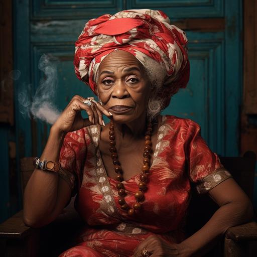 create a photo of an older Afro Cuban woman smoking smoking a cigar with a headwrap and traditional afro-cuban clothing