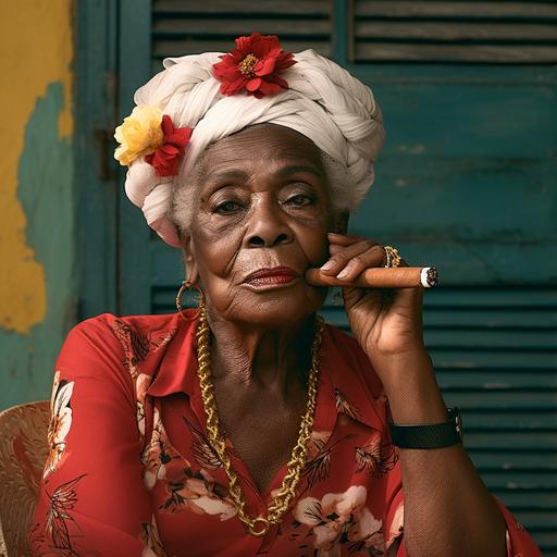 create a photo of an older Afro Cuban woman smoking smoking a cigar with a headwrap and traditional afro-cuban clothing