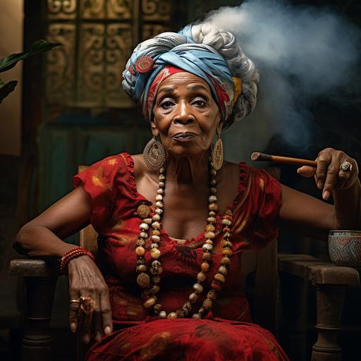 create a photo of an older Afro Cuban woman smoking smoking a cigar with a headwrap and traditional afro-cuban clothing