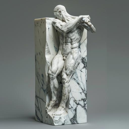 create a photo realistic image of a square block of rectangular marble standing vertically, while near the top of the block a muscular man is freeing himself with a hand held hammer and chisel in the style of Michelangelo -  (fast)