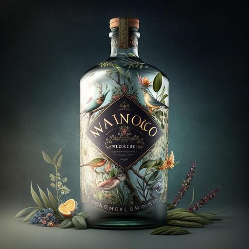 create a photo realistic traditional gin label using botanicals. The name of the gin brand is Wahoo which needs to be displayed in the centre of the bottle.