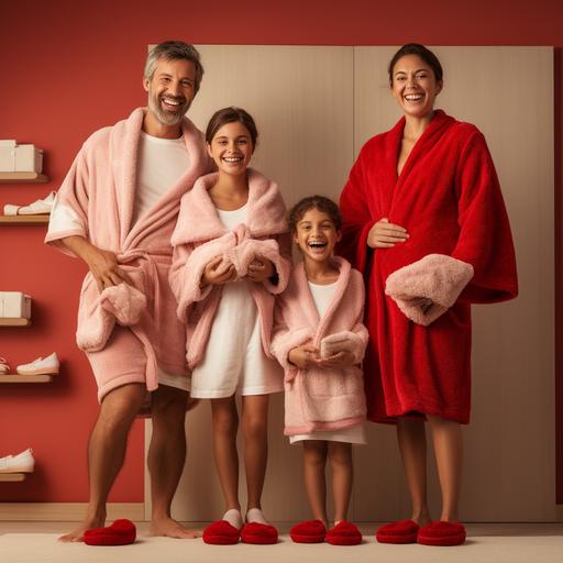 create a photography of an advertisement with a family and all people has red fluffy terry towel moccassins slippers