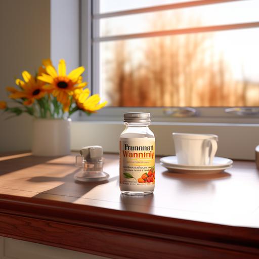 create a photorealistic image of a vitamin world brand bottle on a kitchen counter