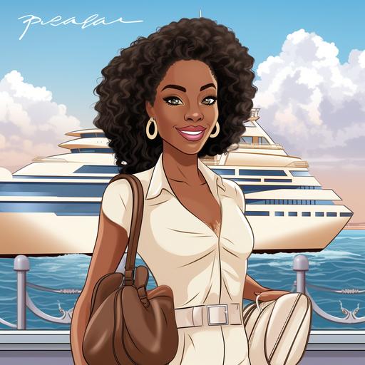 create a picture of a beautiful african american woman on a cruise traveling with her friends cartoon