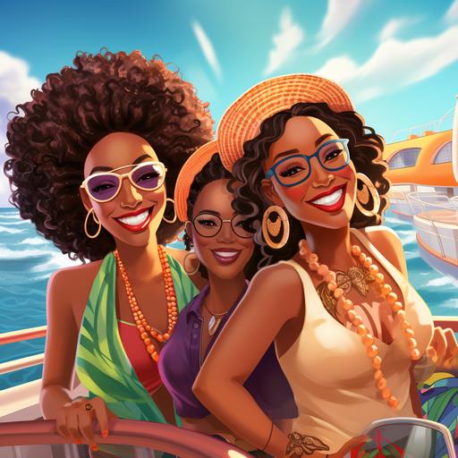create a picture of a beautiful african american woman on a cruise traveling with her friends cartoon