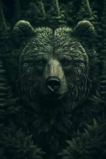 create a picture of a green intricated forest, intricated pattern, green is dominant colour, the forest is a bear made of trees, the face of the bear is the middle of the forest, no body, the bear is meditating --ar 2:3 --stylize 900 --v 5.0