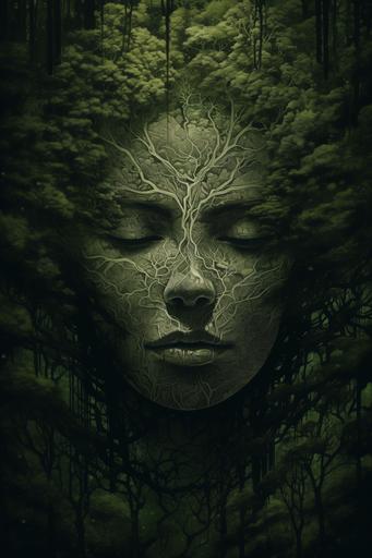 create a picture of a green intricated forest, intricated pattern, green is dominant colour, the forest is a big woman made of trees, the face of the woman is the top of the forest, no body, the woman is meditating --ar 2:3 --stylize 900 --v 5.0