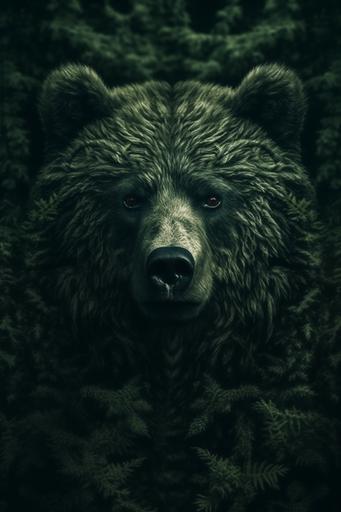 create a picture of a green intricated forest, intricated pattern, green is dominant colour, the forest is a bear made of trees, the face of the bear is the middle of the forest, no body, the bear is meditating --ar 2:3 --stylize 900 --v 5.0