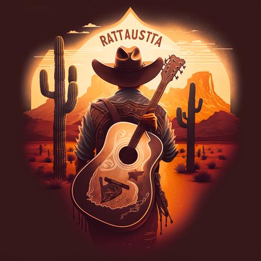 create a picture of arizona with a cowboy with a hat and a guitar on his back spell Flagstaff