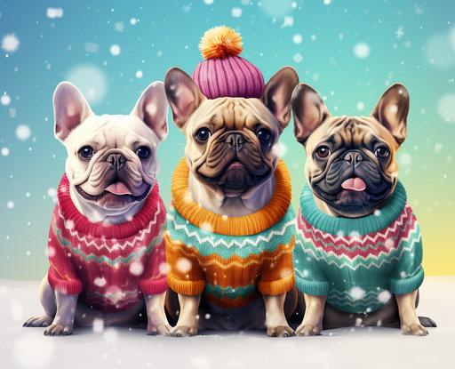 create a picture of dogs in ugly christmas sweaters in pastel colors --ar 21:17