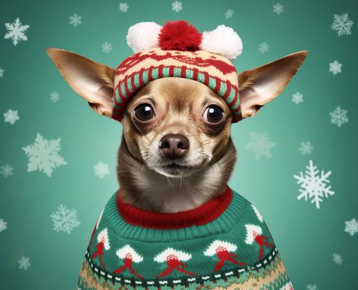 create a picture of dogs in ugly christmas sweaters in pastel colors --ar 21:17