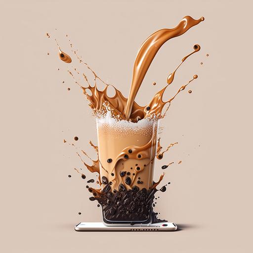 create a picture of milk tea pouring from the phone into a cup, water and topping splashing