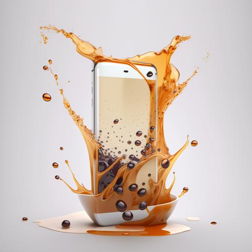 create a picture of milk tea pouring from the phone into a cup, water and topping splashing