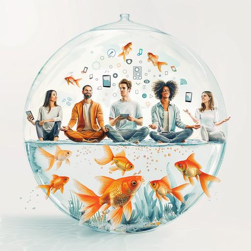 create a picture with a Group of different men and women, sitting relaxed in a Garden atmosphere inside a Goldfish Glass. They should seem really healthy and relaxed in Yoga pants. Outside of the Glass mobiles, Laptops, social Media Icons are flying towards the Glass. But the Glass is a safe space for the people. The Picture should symbolize digital resilience and digital wellbeing. Modern, Aquarell painting, Banksy Style, White Background, colours light Grey, orange, light blue, black.