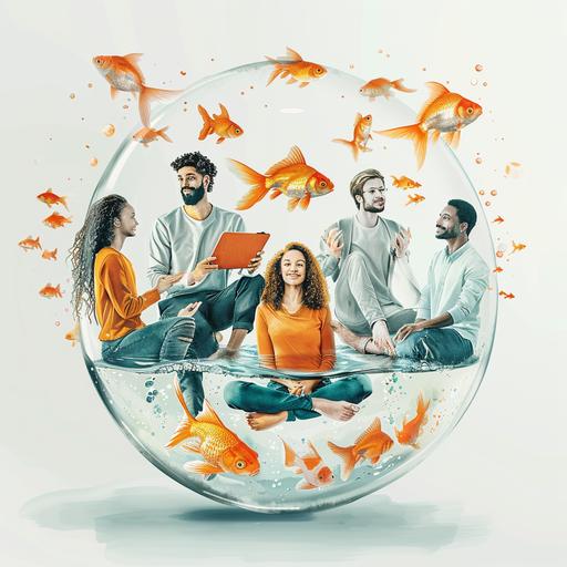 create a picture with a Group of different men and women, sitting relaxed in a Garden atmosphere inside a Goldfish Glass. They should seem really healthy and relaxed in Yoga pants. Outside of the Glass mobiles, Laptops, social Media Icons are flying towards the Glass. But the Glass is a safe space for the people. The Picture should symbolize digital resilience and digital wellbeing. Modern, Aquarell painting, Banksy Style, White Background, colours light Grey, orange, light blue, black.