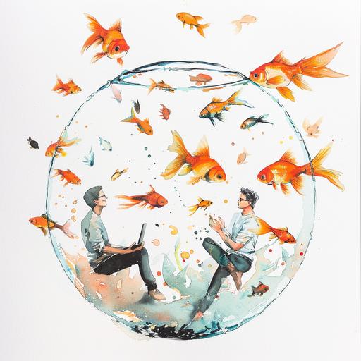 create a picture with men and women inside a Goldfish Glass. They should seem really healthy and relaxed in Yoga pants. Important in This picture: Outside of the Glass are flying mobiles, Laptops, social Media Icons towards the Glass and try to Attack the people. But the Glass make Them a safe space. The Picture should symbolize digital resilience and digital wellbeing. Modern, Aquarell painting, Banksy Style, White Background, colours light Grey, orange, light blue, black.