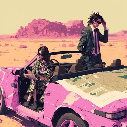 create a pink convertible car, in the passenger seat is a Korean man with long hair dressed in a plaid suit wearing sunglasses, a tall white man black suit reading the map on the hood, driving in the desert