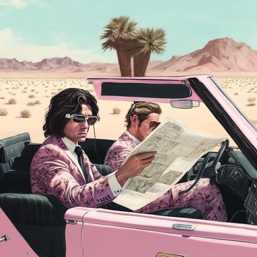 create a pink convertible car, in the passenger seat is a Korean man with long hair dressed in a plaid suit wearing sunglasses, a tall white man black suit reading the map on the hood, driving in the desert