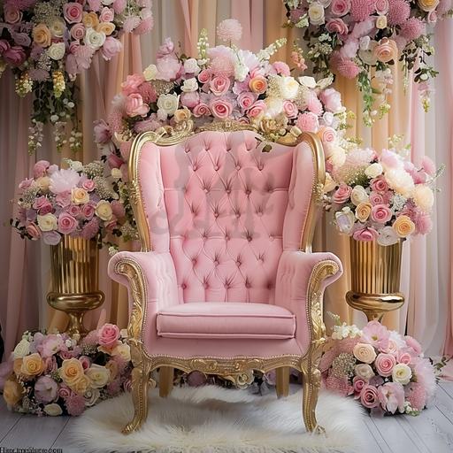 create a pink tufted throne chair with gold trimming include beautiful background and pink white yellow flowers in gold vases include