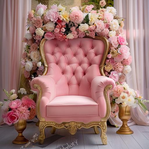 create a pink tufted throne chair with gold trimming include beautiful background and pink white yellow flowers in gold vases include