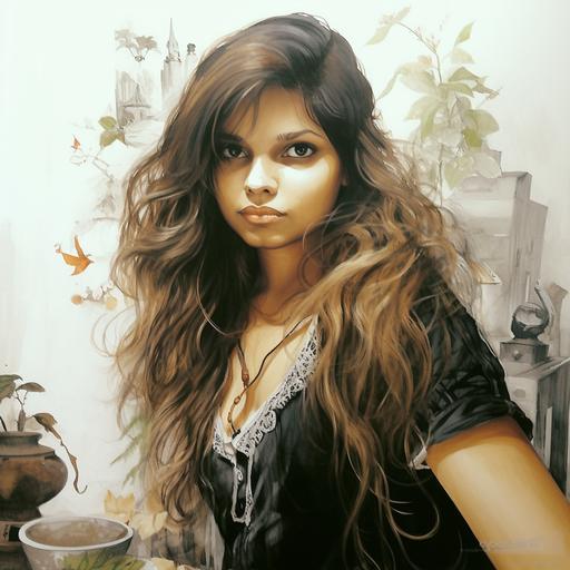 create a portrait beautiful witch  :: 1.1 in a kitchen grinding herbs with a mortar and pestle, atmosphere is wooden, earthy, surrounded in plants and jars of herbs, watercolor and ink style