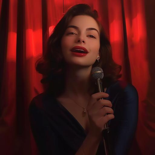 create a portrait of a 40's style jazz singer, night club atmosphere, dark, red velvet curtains in the back, old style --v 6.0 --style raw