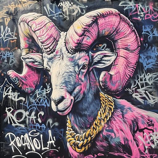 create a portrait of an Aries zodiac animal symbol - in graffiti style wearing a bling necklace and gold chain that reads 