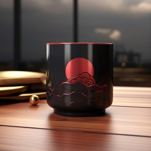 create a product advertising a metal cup with akatsuki anime red clouds, black canvas , hyper realistic, modern
