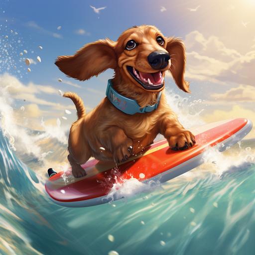 create a realistic cartoon image of a red dachshund surfing