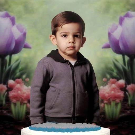 create a realistic full body photo of this boy of ten years old standing in front of a 39 birthday cake with a garden of purple tulips behind him