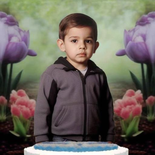 create a realistic full body photo of this boy of ten years old standing in front of a 39 birthday cake with a garden of purple tulips behind him