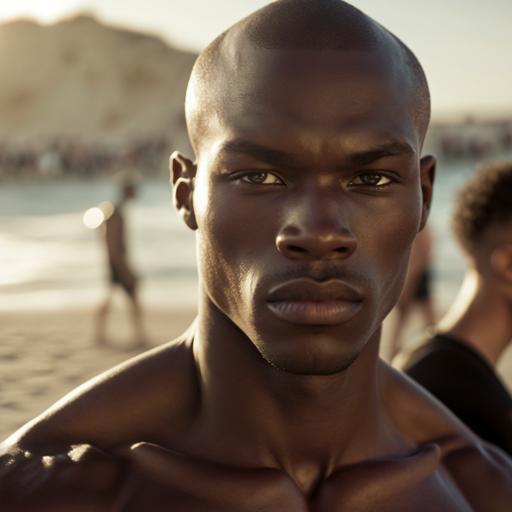 create a realistic image of a young muscle black man on a beach in marseille at golden hours, some other black men are in the back, they are all looking at us, 50mm lens with hasselblad --q 2 --s 750