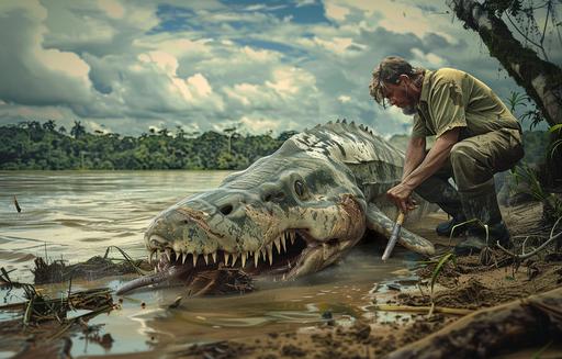 create a realistic photo of an Amazon River fisherman leaning over a surprising discovery, unearthing a prehistoric fish creature with teeth adorned with a formidable whitish exterior beeched --ar 14:9 --v 6.0