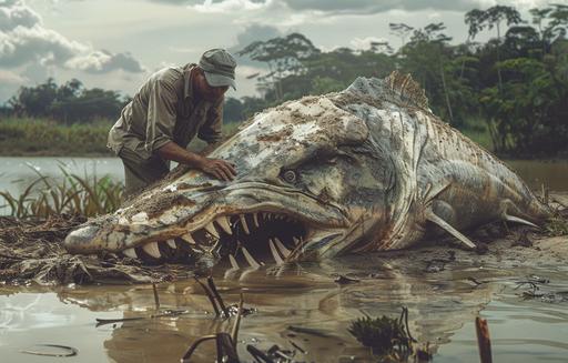 create a realistic photo of an Amazon River fisherman leaning over a surprising discovery, unearthing a prehistoric fish creature with teeth adorned with a formidable whitish pale exterior beached --ar 14:9 --v 6.0