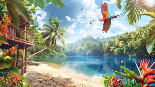 create a realistic photography image of an Amazon jungle with a beautiful and stunning lake in the middle with a beautiful beach around the lake with the sun shining bright with some clouds in the bright blue sky. There are beautiful tall palm trees and colorful flowers. The image is very colorful and highly saturated. There is a wooden jungle house on the left. There is one colorful parrot flying around in the sky, closer to the front of the image. --ar 16:9 --v 6.0