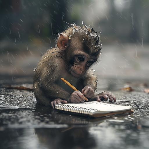 create a realistic picture of a wet baby monkey sitting on wet pavement writing in a small notebook laying on ground --v 6.0