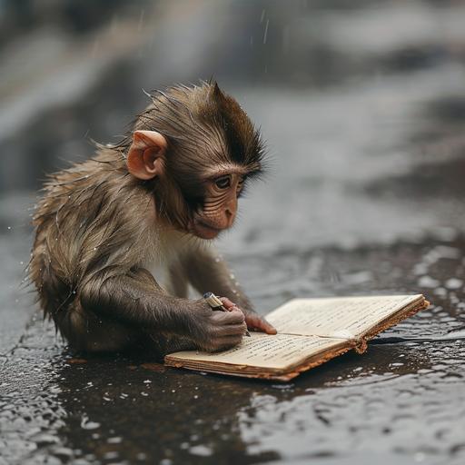create a realistic picture of a wet baby monkey sitting on wet pavement writing in a small notebook laying on ground --v 6.0