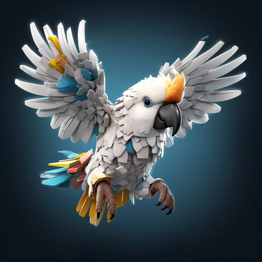 create a realistic unique, colorful, funny and sympathic cockatoo with realistic fether which has some building blocks in front ot itself and which is looking into the camera and flying with transparent background